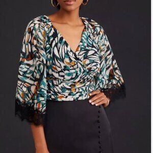Anthropologie Wrap Blouse V Neck Tie Back Lace Sleeves Size XS